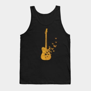 T-Style Electric Guitar Silhouette Turning Into Butterflies Gold Tank Top